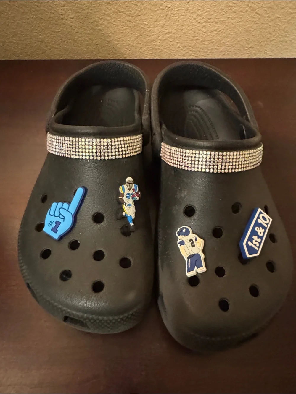CROCS Kids Black Clog with Rhinestone Strap and Sports Charms Size 6